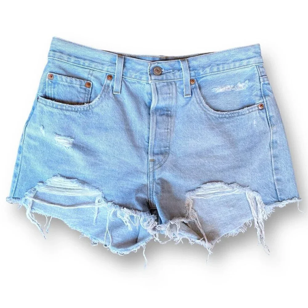 Levis 501 Womens HIgh Rise Shorts Sz 28 Luxor Edge Light Wash Denim Cut Offs